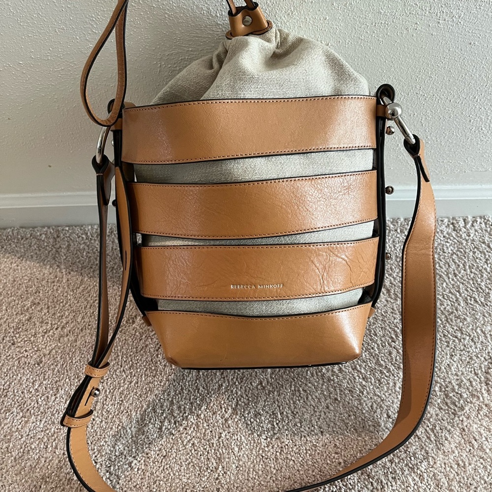 Rebecca Minkoff Tan and Cream Striped Bucket Bag